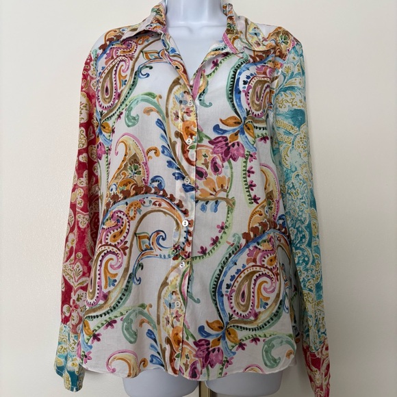 Cino Tops - Cino Shirt Womens Colorful Paisley Boho Festival Roll Tab Sleeve Button Up Sz L
